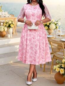 Fleurora Pink Floral Summer Elegant Wedding Guest Ninang Plus Size Women Dress,Contrast Lace Three Quarter Sleeve Ruched Waist Flared Midi Cocktail Party - Pink - View 3