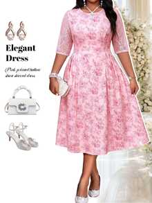 Fleurora Pink Floral Summer Elegant Wedding Guest Ninang Plus Size Women Dress,Contrast Lace Three Quarter Sleeve Ruched Waist Flared Midi Cocktail Party - Pink - View 1