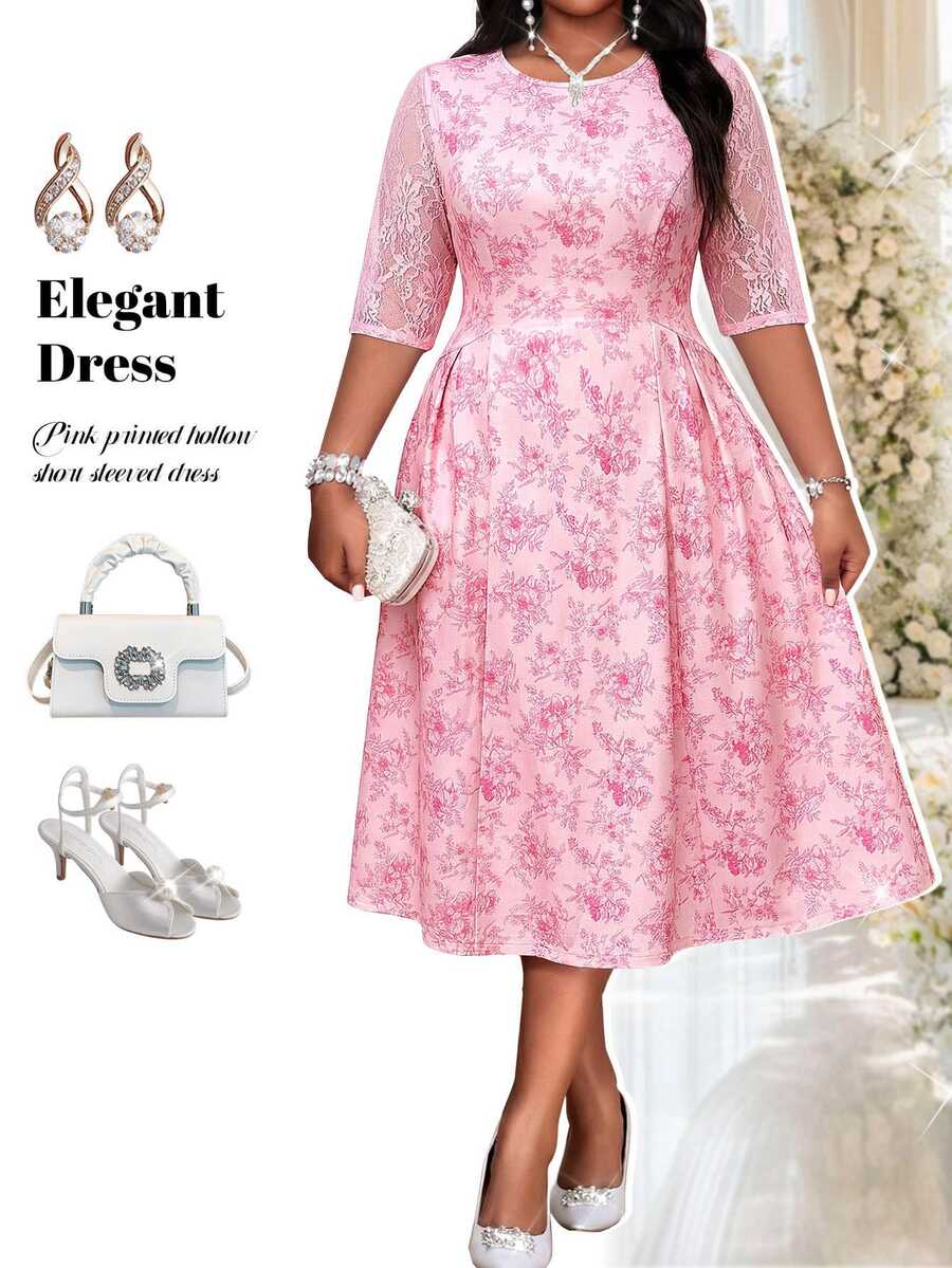 Fleurora Pink Floral Summer Elegant Wedding Guest Ninang Plus Size Women Dress,Contrast Lace Three Quarter Sleeve Ruched Waist Flared Midi Cocktail Party - Pink - View 1