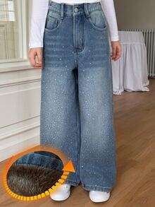 Dazy Kids Tween Girl) Straight Leg Rhinestone Loose Casual Belt Tie Denim Jeans, Autumn/Winter - Light Wash - View 7