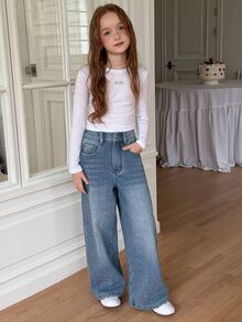 Dazy Kids Tween Girl) Straight Leg Rhinestone Loose Casual Belt Tie Denim Jeans, Autumn/Winter - Light Wash - View 4