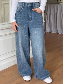 Dazy Kids Tween Girl) Straight Leg Rhinestone Loose Casual Belt Tie Denim Jeans, Autumn/Winter - Light Wash - View 5