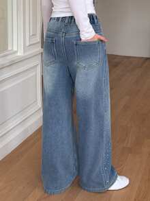 Dazy Kids Tween Girl) Straight Leg Rhinestone Loose Casual Belt Tie Denim Jeans, Autumn/Winter - Light Wash - View 8