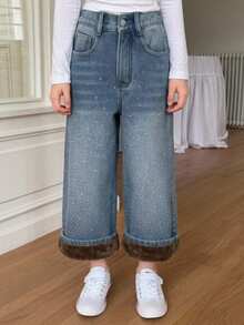 Dazy Kids Tween Girl) Straight Leg Rhinestone Loose Casual Belt Tie Denim Jeans, Autumn/Winter - Light Wash - View 2