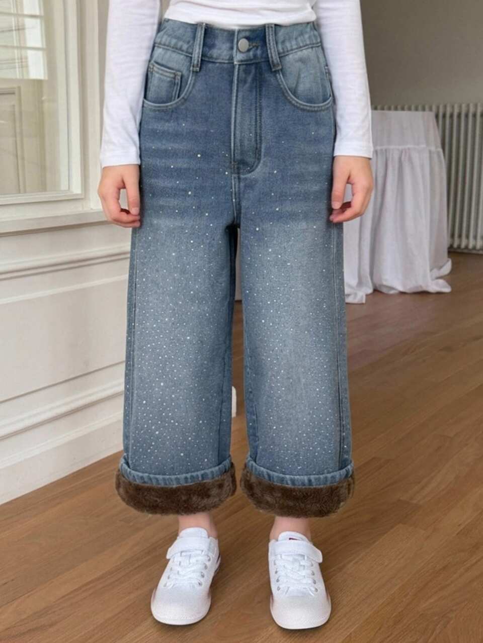Tween Girl) Straight Leg Rhinestone Loose Casual Belt Tie Denim Jeans, Autumn/Winter