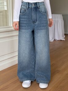 Dazy Kids Tween Girl) Straight Leg Rhinestone Loose Casual Belt Tie Denim Jeans, Autumn/Winter - Light Wash - View 9