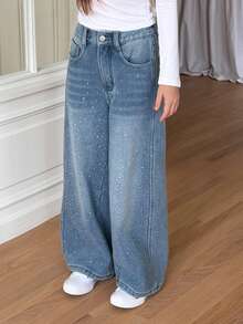 Dazy Kids Tween Girl) Straight Leg Rhinestone Loose Casual Belt Tie Denim Jeans, Autumn/Winter - Light Wash - View 3