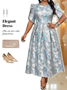 Fleurora Plus Size Women Jacquard Pleated Casual Party Dress Elegant Dresses Formal Dresses Luxury Evening And Occasion Dresses Birthday Dress - Blue - View 1