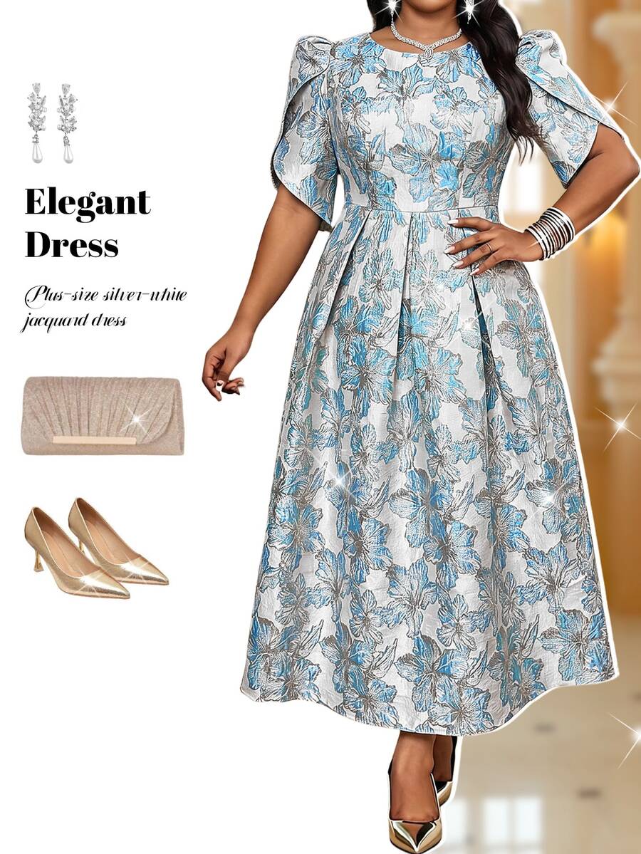 Fleurora Plus Size Women Jacquard Pleated Casual Party Dress Elegant Dresses Formal Dresses Luxury Evening And Occasion Dresses Birthday Dress - Blue - View 1