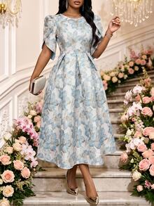 Fleurora Plus Size Women Jacquard Pleated Casual Party Dress Elegant Dresses Formal Dresses Luxury Evening And Occasion Dresses Birthday Dress - Blue - View 5