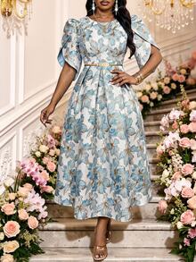 Fleurora Plus Size Women Jacquard Pleated Casual Party Dress Elegant Dresses Formal Dresses Luxury Evening And Occasion Dresses Birthday Dress - Blue - View 6
