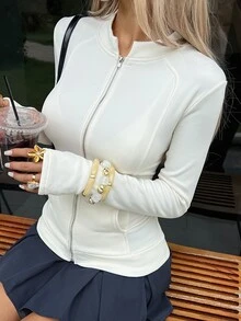 DAZY 女款保暖內裡修身純色T恤 健身運動休閒街頭風 米白色 冬季秋季 - 白色 - 查看 4