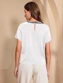 Almamuse Blusa elegante de mujer con diseño de cuello con rhinestone - Blanco - Ver 2
