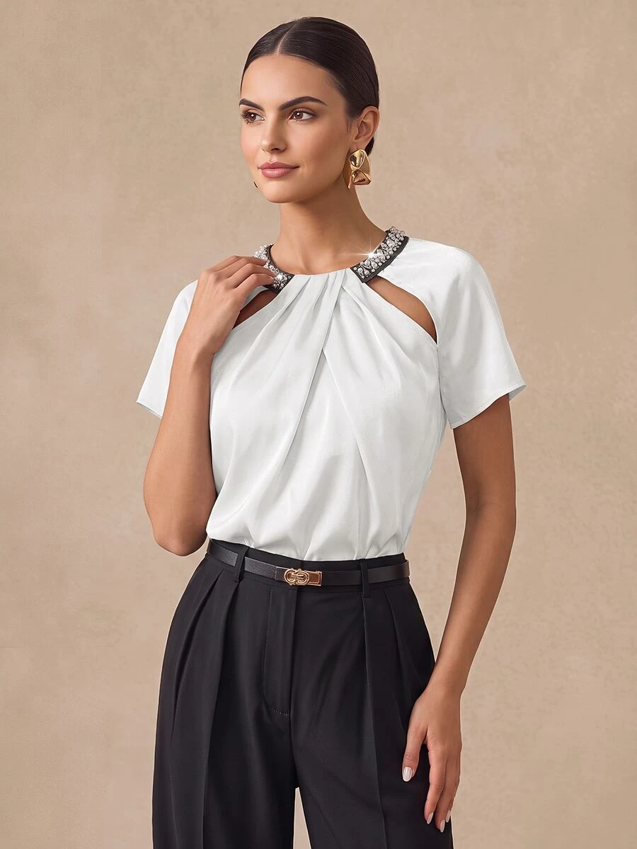 Almamuse Blusa elegante de mujer con diseño de cuello con rhinestone - Blanco - Ver 1