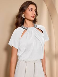 Almamuse Blusa elegante de mujer con diseño de cuello con rhinestone - Blanco - Ver 3