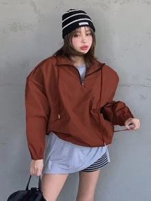 DAZY Jaket Kasual Longgar Lengan Panjang Warna Polos untuk Wanita, Desain Resleting, Cocok untuk Musim Gugur. - Merah - View 4