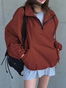 DAZY Jaket Kasual Longgar Lengan Panjang Warna Polos untuk Wanita, Desain Resleting, Cocok untuk Musim Gugur. - Merah - View 1