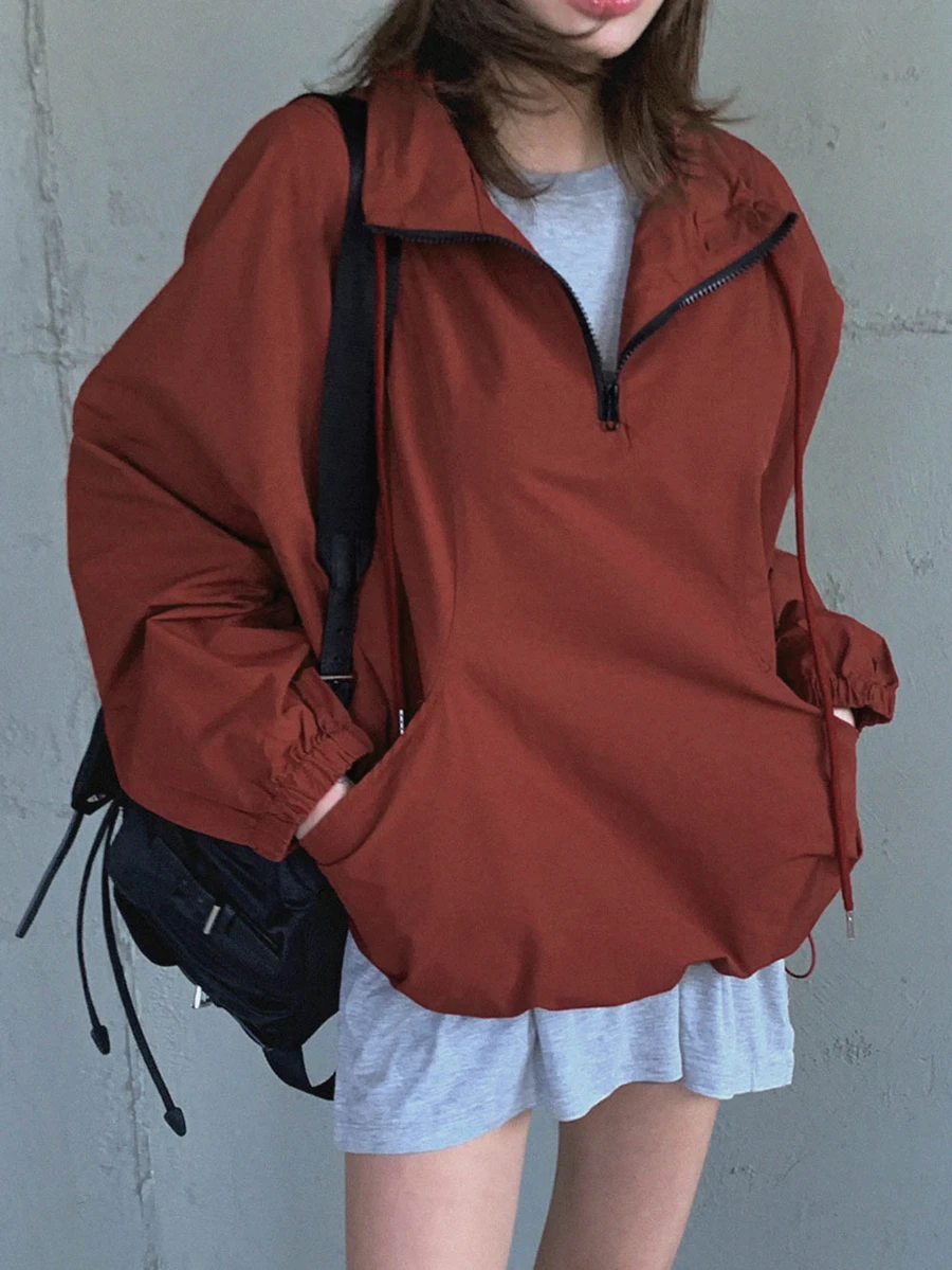 DAZY Jaket Kasual Longgar Lengan Panjang Warna Polos untuk Wanita, Desain Resleting, Cocok untuk Musim Gugur. - Merah - View 1