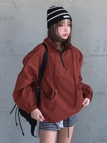 DAZY Jaket Kasual Longgar Lengan Panjang Warna Polos untuk Wanita, Desain Resleting, Cocok untuk Musim Gugur. - Merah - View 7