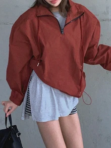 DAZY Jaket Kasual Longgar Lengan Panjang Warna Polos untuk Wanita, Desain Resleting, Cocok untuk Musim Gugur. - Merah - View 3