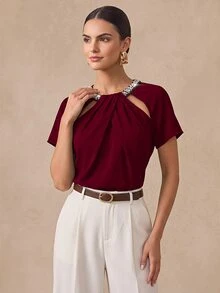 Almamuse Women's Elegant Rhinestone Collar Design Top - Red - View 1