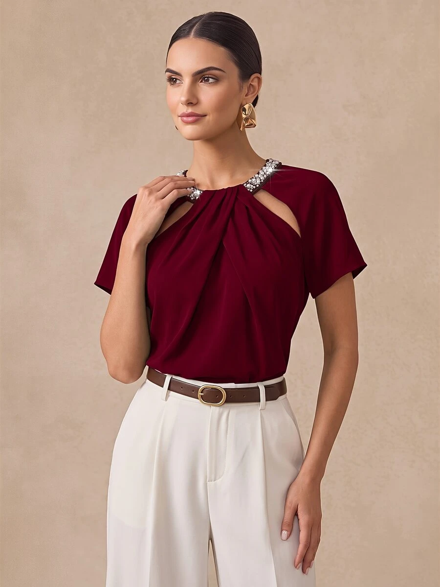 Almamuse Women's Elegant Rhinestone Collar Design Top - Red - View 1