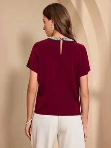 Almamuse Women's Elegant Rhinestone Collar Design Top - Red - View 2