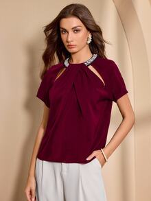 Almamuse Women's Elegant Rhinestone Collar Design Top - Red - View 6
