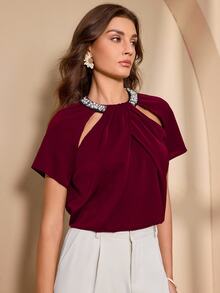 Almamuse Women's Elegant Rhinestone Collar Design Top - Red - View 3