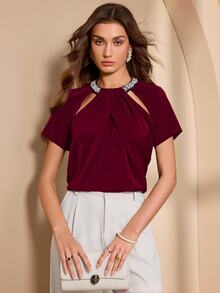 Almamuse Women's Elegant Rhinestone Collar Design Top - Red - View 5