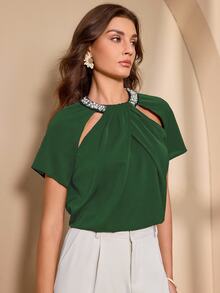 Almamuse Women's Elegant Design Beaded Collar Top - Dark Green - View 3