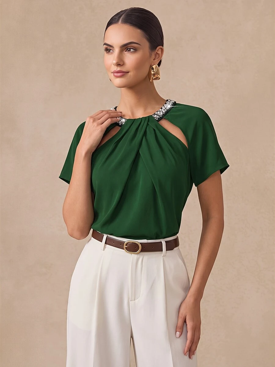 Almamuse Women's Elegant Design Beaded Collar Top - Dark Green - View 1