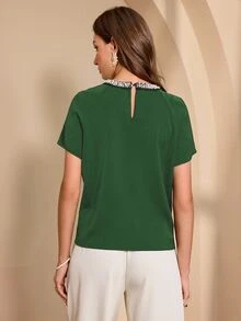 Almamuse Women's Elegant Design Beaded Collar Top - Dark Green - View 2