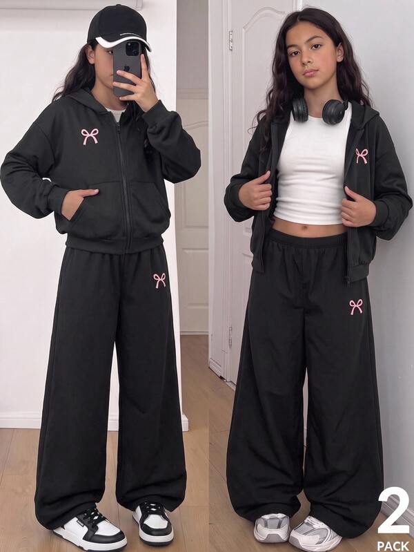 SHEIN Genkimix Kids 2pcs Tween Girl Tween Girl Set Hooded Long Sleeve Zipper Front Jacket With Waist And Cuffs Cinched Short Hoodie, Elastic Waist Loose Wide Leg Casual Sports Pants, 2 Pieces Set, Autumn/Winter