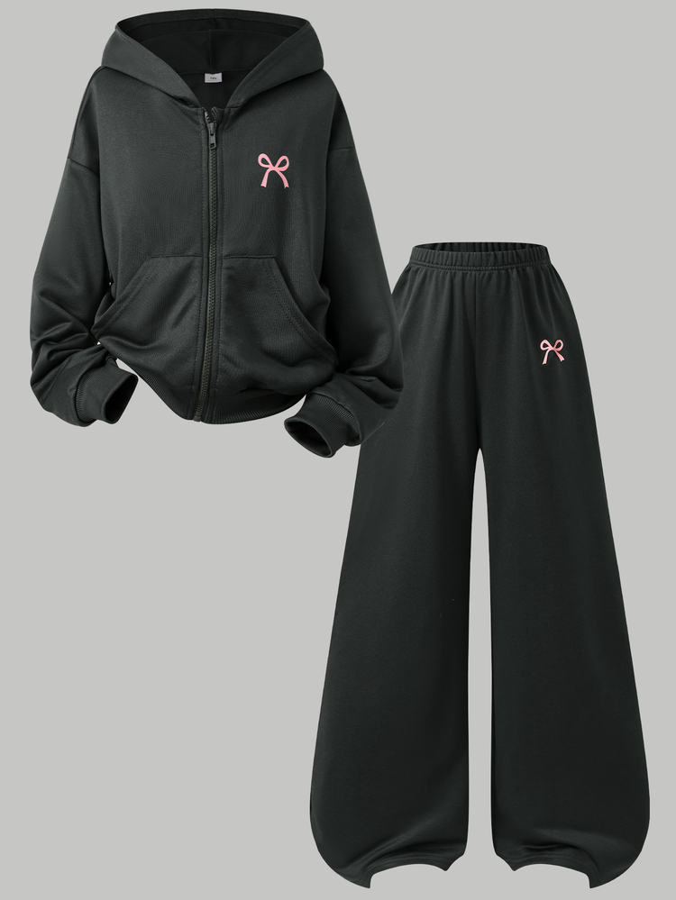 SHEIN Genkimix Kids 2pcs Tween Girl Set Hooded Long Sleeve Zipper Front Jacket With Waist And Cuffs Cinched Short Hoodie, Elastic Waist Loose Wide Leg Casual Sports Pants, 2 Pieces Set, Autumn/Winter - Dark Grey - View 6