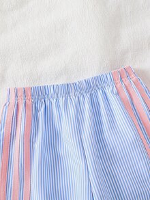 女童夏季休閒運動時尚藍白條紋鬆緊腰直筒長褲 粉色緞帶亮片甜美復古返校穿搭 - 藍色 - 查看 4