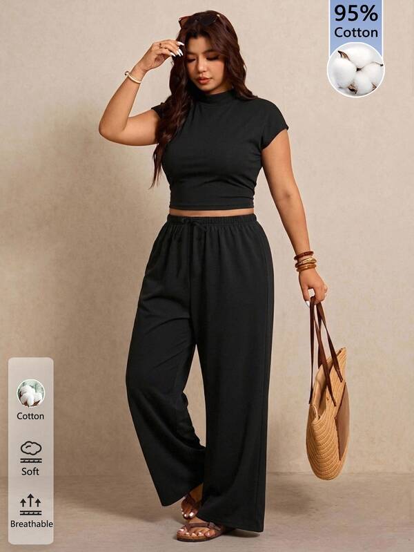 SHEIN Frenchy Plus Mock Neck Crop Tee & Drawstring Waist Wide Leg Pants