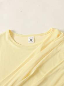SHEIN Serisse Kids 青少年女孩秋冬休閒優雅時尚奶油多巴胺黃針織網紗抓皺長袖收腰長洋裝，Y2K青春時尚穿搭 - 黃色 - 查看 8