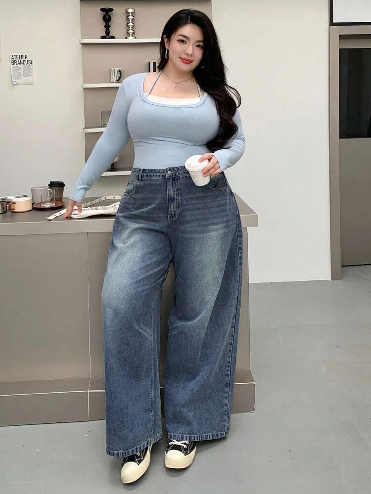 Dazy Plus Plus Size Distressed Washed Wide Leg Long Denim Jeans - Medium Wash - View 3