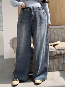 Dazy Plus Jeans de pierna ancha y larga de talla grande con efecto desgastado y lavado - Azul lavado medio - Ver 4