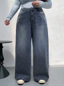 Dazy Plus Jeans de pierna ancha y larga de talla grande con efecto desgastado y lavado - Azul lavado medio - Ver 6
