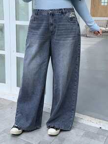 Dazy Plus Jeans de pierna ancha y larga de talla grande con efecto desgastado y lavado - Azul lavado medio - Ver 5