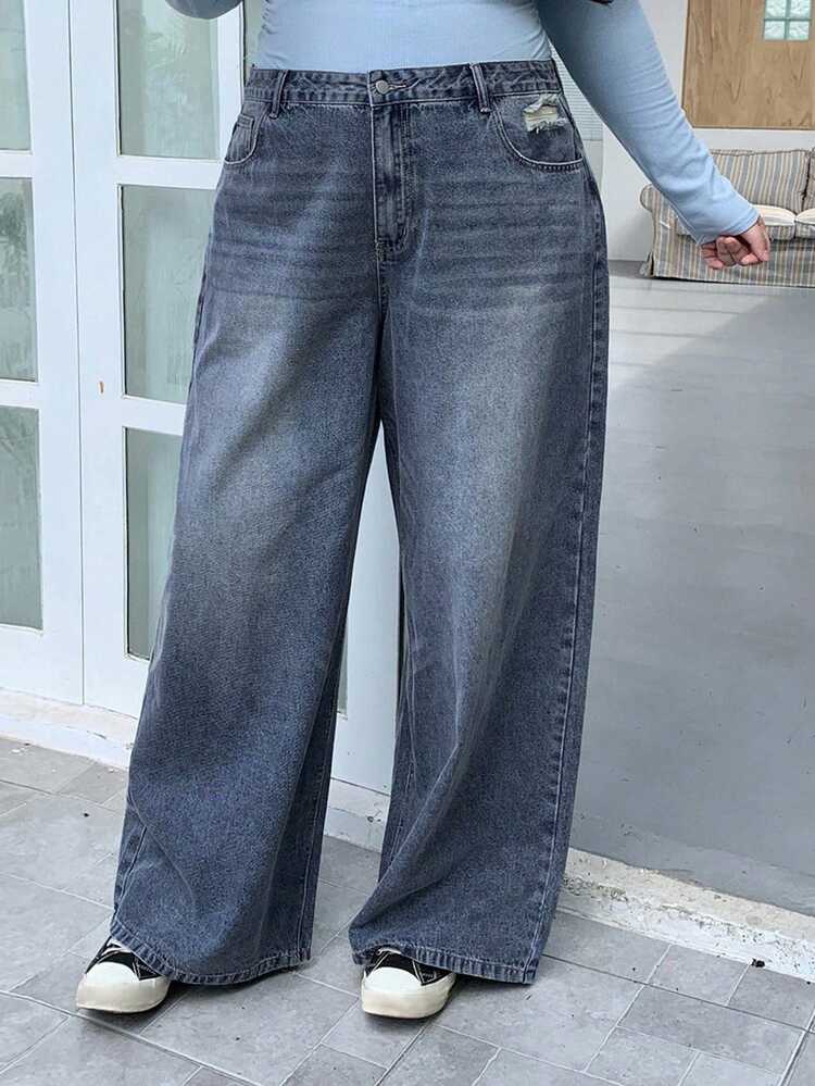 Dazy Plus Plus Size Distressed Washed Wide Leg Long Denim Jeans - Medium Wash - View 5