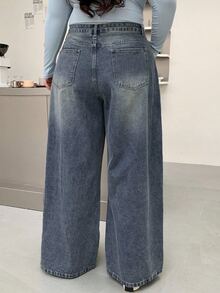 Dazy Plus Jeans de pierna ancha y larga de talla grande con efecto desgastado y lavado - Azul lavado medio - Ver 2