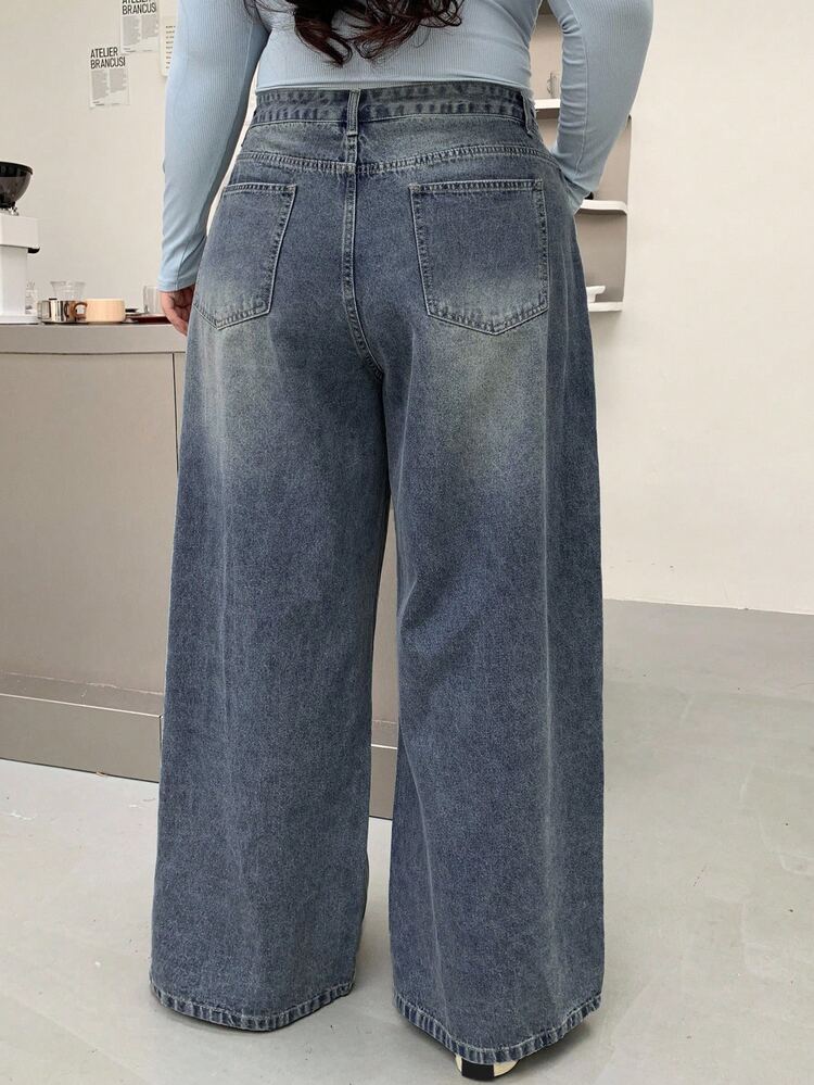 Dazy Plus Plus Size Distressed Washed Wide Leg Long Denim Jeans - Medium Wash - View 2