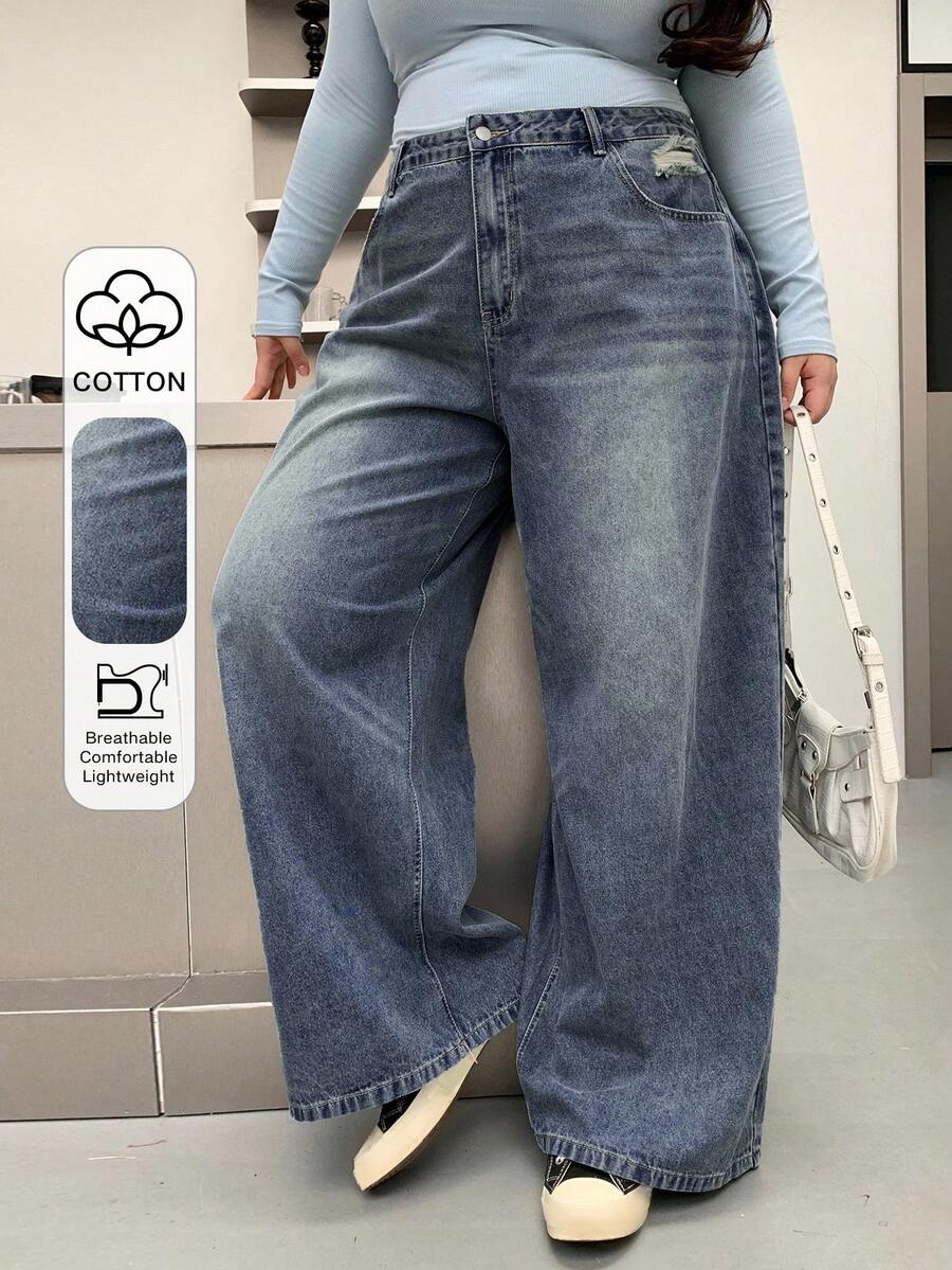 Dazy Plus Jeans de pierna ancha y larga de talla grande con efecto desgastado y lavado - Azul lavado medio - Ver 1