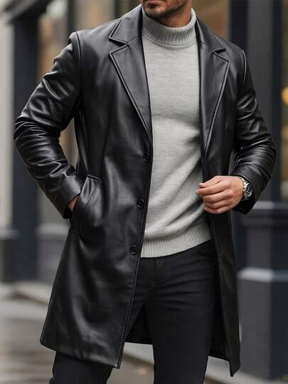 Manfinity CasualCool Men's PU Fabric Single-Breasted Black Autumn Elegant Evening Trench Coat, Loose Minimalist Lapel Long Jacket, Anniversary Gift For Husband/Boyfriend