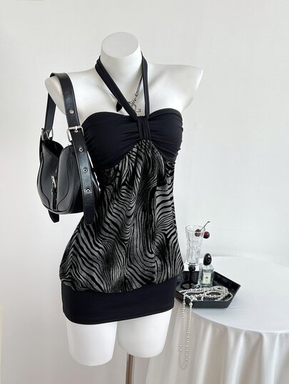 Elamini Women's Strapless Ruched Color Block Leopard Print Dress Club Night Black Summer