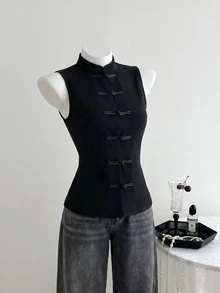 Elamini Women's Shirt, Tang Suit Style, Chinese Style, One-Character Frog Button, Casual, Minimalist - Black - View 5