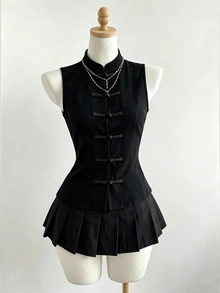 Elamini Women's Shirt, Tang Suit Style, Chinese Style, One-Character Frog Button, Casual, Minimalist - Black - View 3